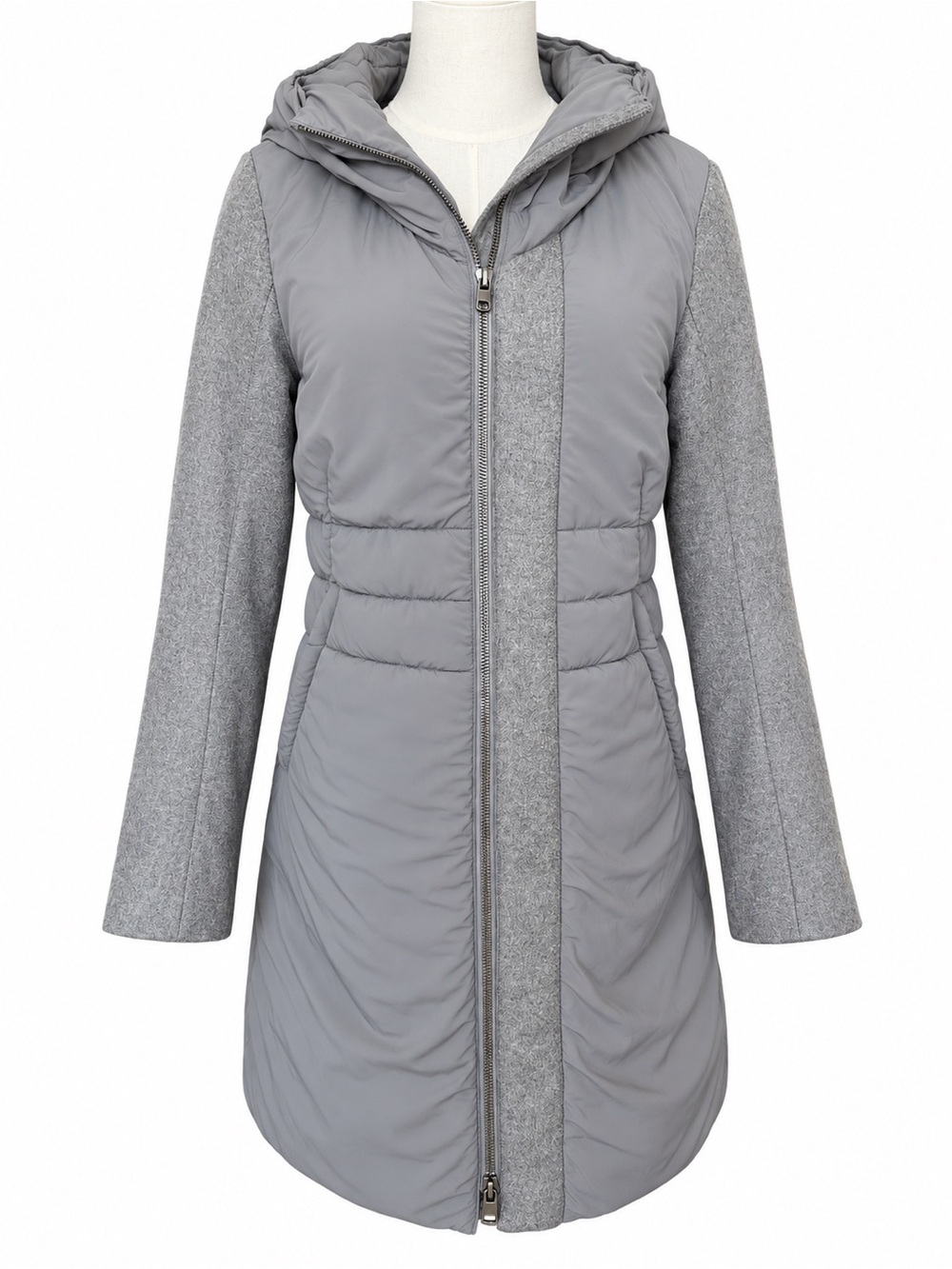 AETHER Grey Mixed Media Wool Technical Hooded Parka Coat Size XS
